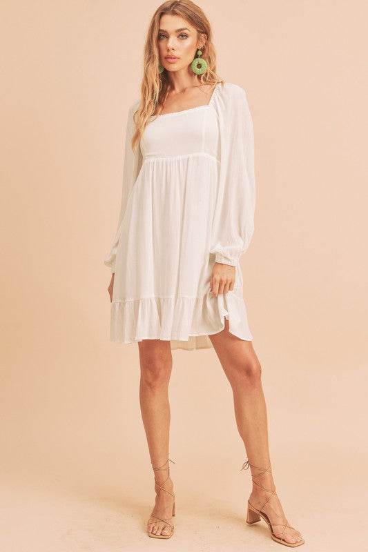 Aemi + Co Ruffled Hem Square Neck Balloon Sleeve Mini Dress