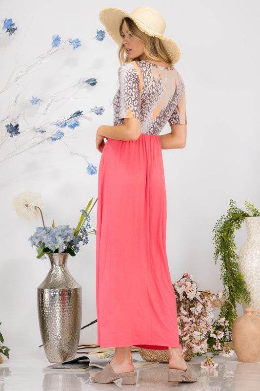 Celeste Full Size Leopard Round Neck Short Sleeve Maxi Dress Plus Size
