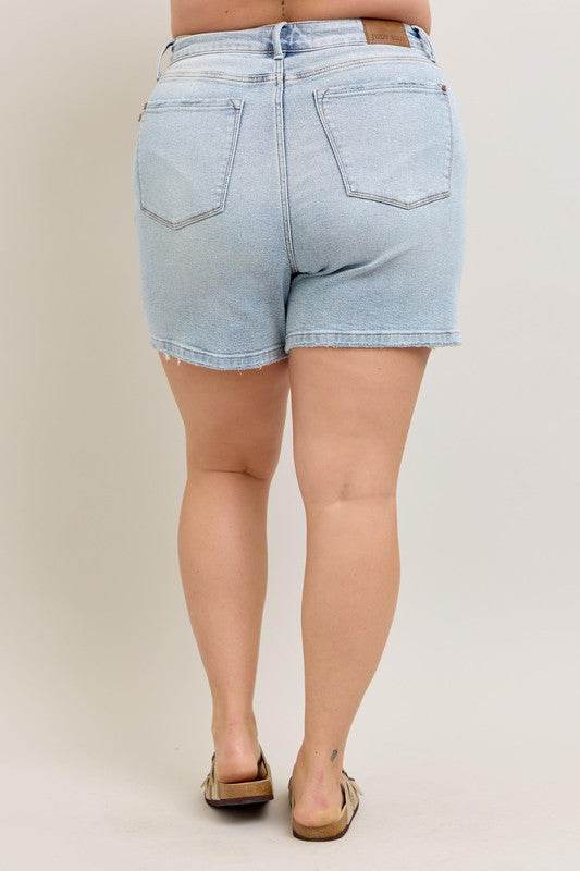 Judy Blue Full Size Frayed Hem High Rise Denim Shorts with Pockets Plus Size - Mayzelyn Shop