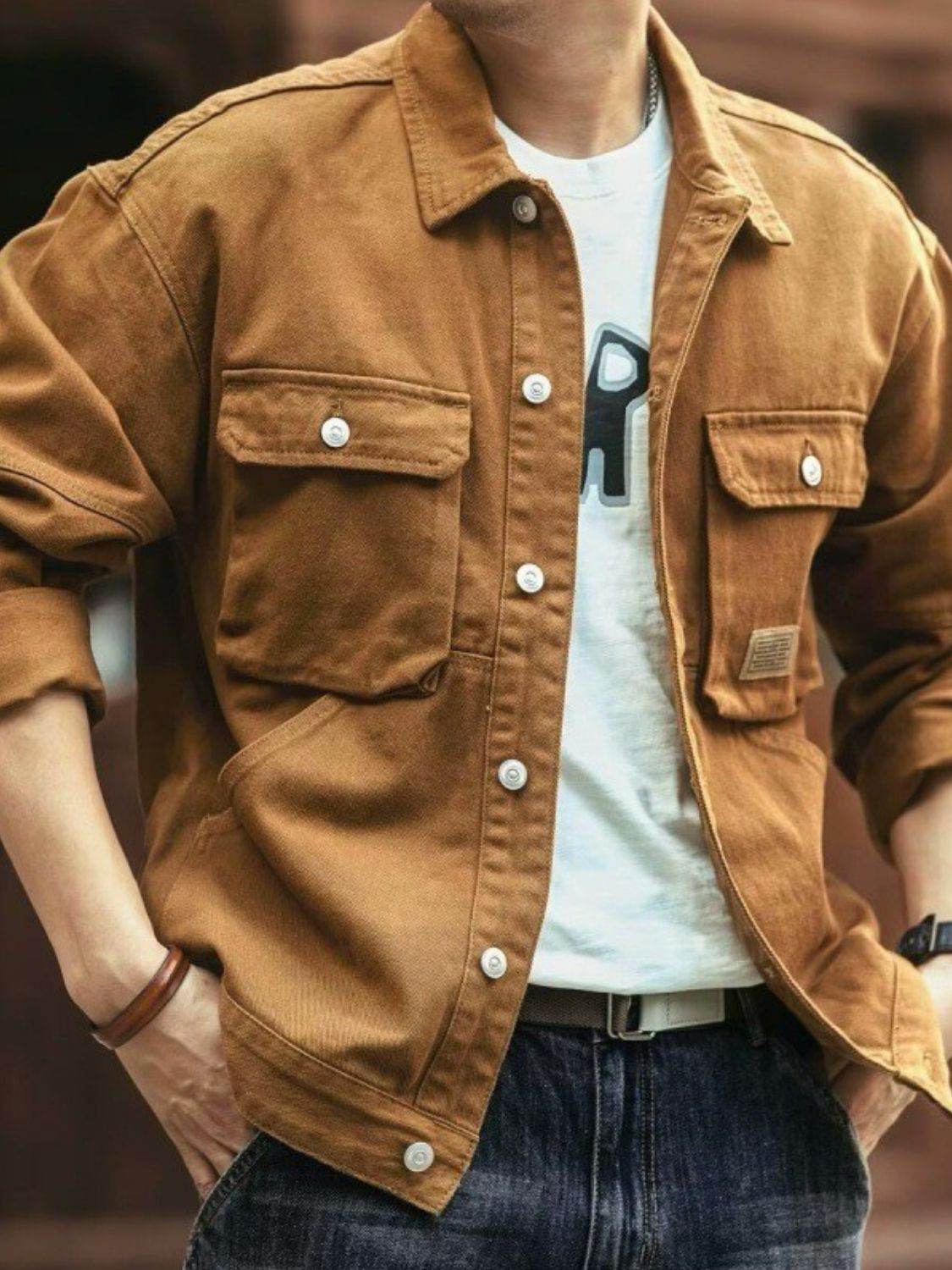 Men's Washed Collared Neck Cargo Jacket for Everyday Wear