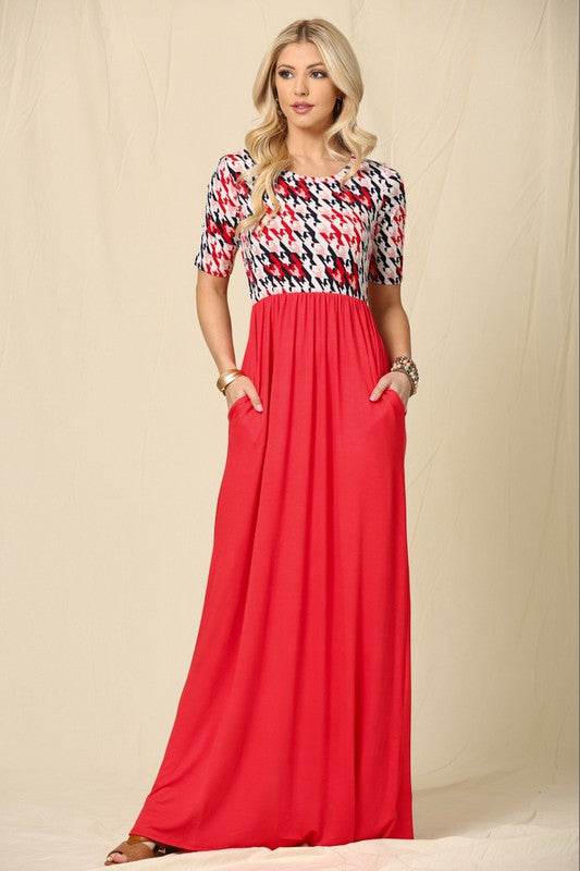 Celeste Full Size Houndstooth Round Neck Short Sleeve Maxi Dress Plus Size - Mayzelyn Shop