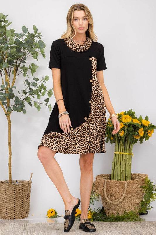 Celeste Full Size Decor Button Leopard Short Sleeve Dress Plus Size - Mayzelyn Shop