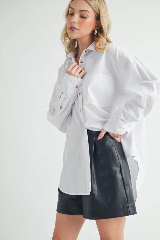 Aemi + Co High-Low Collared Neck Drop Shoulder Shirt - Mayzelyn Shop