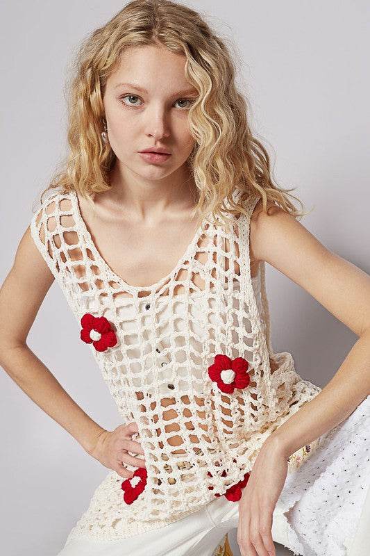 POL Flower Crochet Scoop Neck Sleeveless Knit Cover Up - Mayzelyn Shop