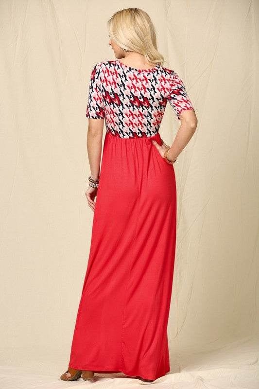 Celeste Full Size Houndstooth Round Neck Short Sleeve Maxi Dress Plus Size - Mayzelyn Shop