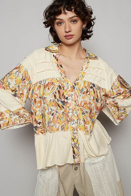 POL Frill Floral Johnny Collar Shirring Raglan Sleeve Shirt - Mayzelyn Shop