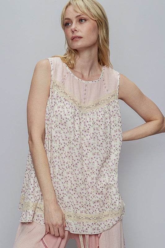 POL Lace Detail Floral Round Neck Sleeveless Top - Mayzelyn Shop