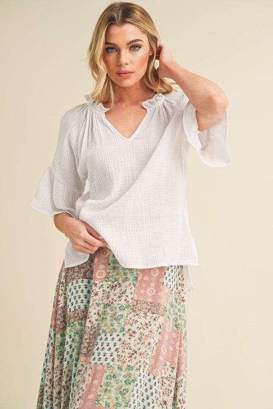 Aemi + Co Side Slit Notched Ruffled Half Sleeve Blouse - Mayzelyn Shop