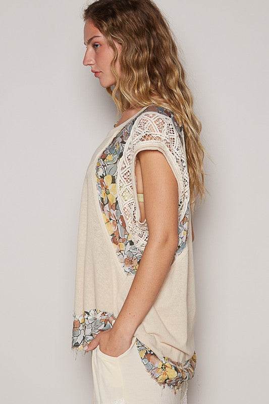 POL Floral Frayed Hem Crochet Cap Sleeve Top - Mayzelyn Shop