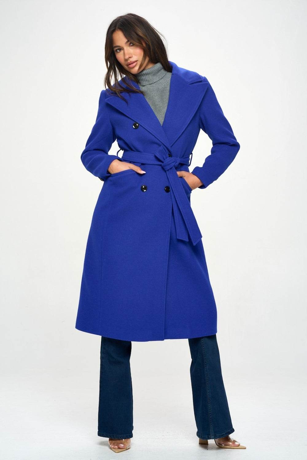 Coalition LA Double-Breasted Longline Coat with Belt - Mayzelyn Shop