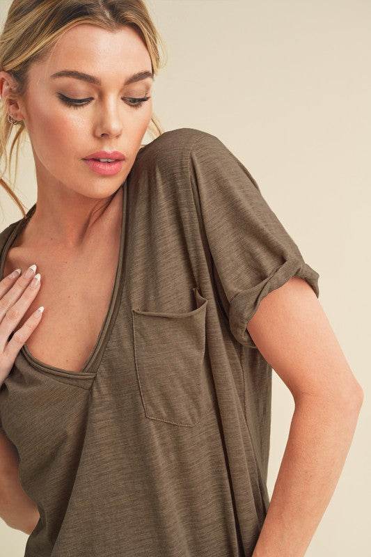 Aemi + Co Side Slit V-Neck Short Rolled Sleeve T-Shirt - Mayzelyn Shop