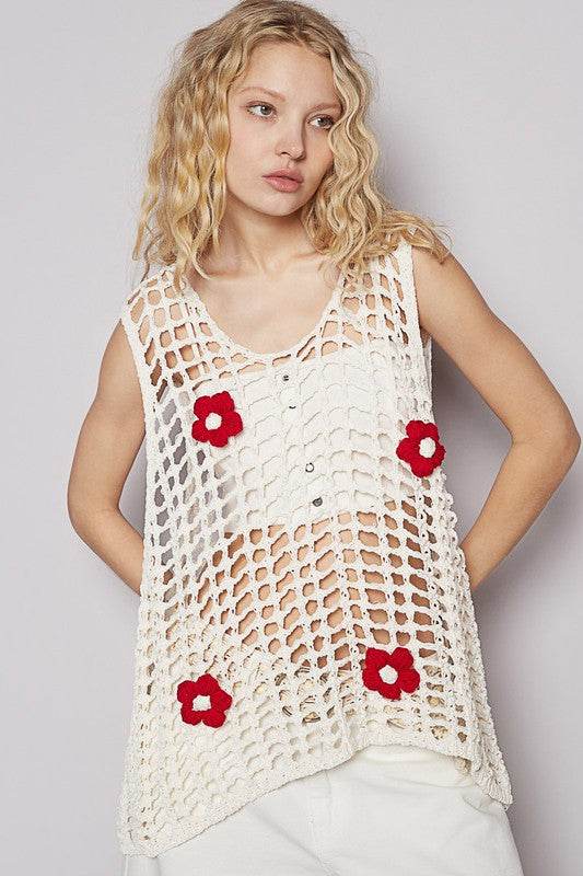 POL Flower Crochet Scoop Neck Sleeveless Knit Cover Up - Mayzelyn Shop