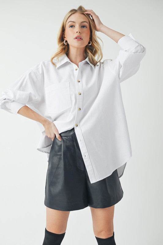 Aemi + Co High-Low Collared Neck Drop Shoulder Shirt - Mayzelyn Shop