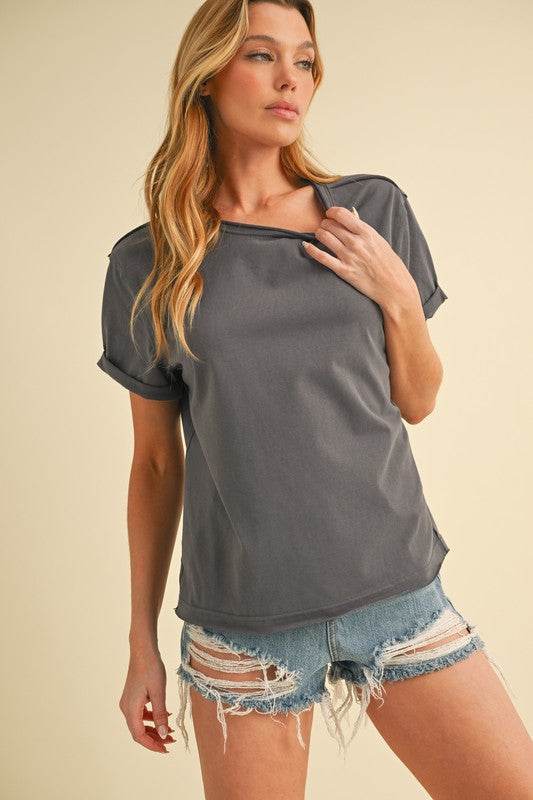 Aemi + Co Exposed Seam Round Neck Short Sleeve T-Shirt - Mayzelyn Shop