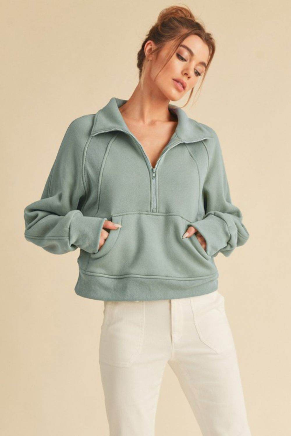 Aemi + Co Half Zip Raglan Sleeve Sweatshirt with Kangaroo Pocket - Mayzelyn Shop