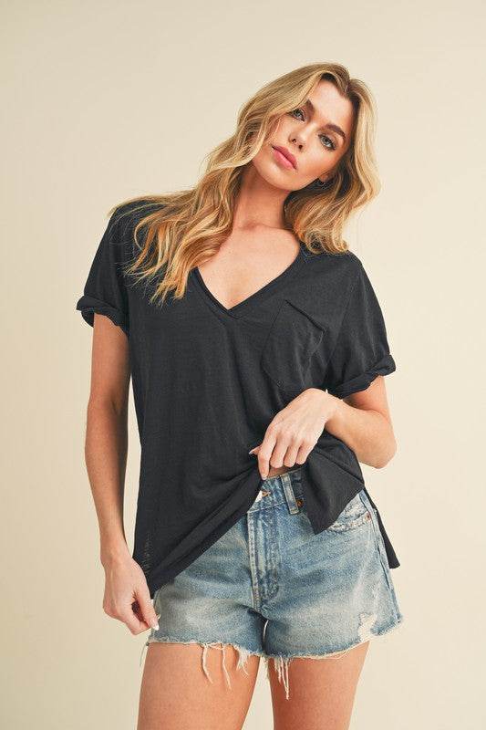 Aemi + Co Side Slit V-Neck Short Rolled Sleeve T-Shirt - Mayzelyn Shop