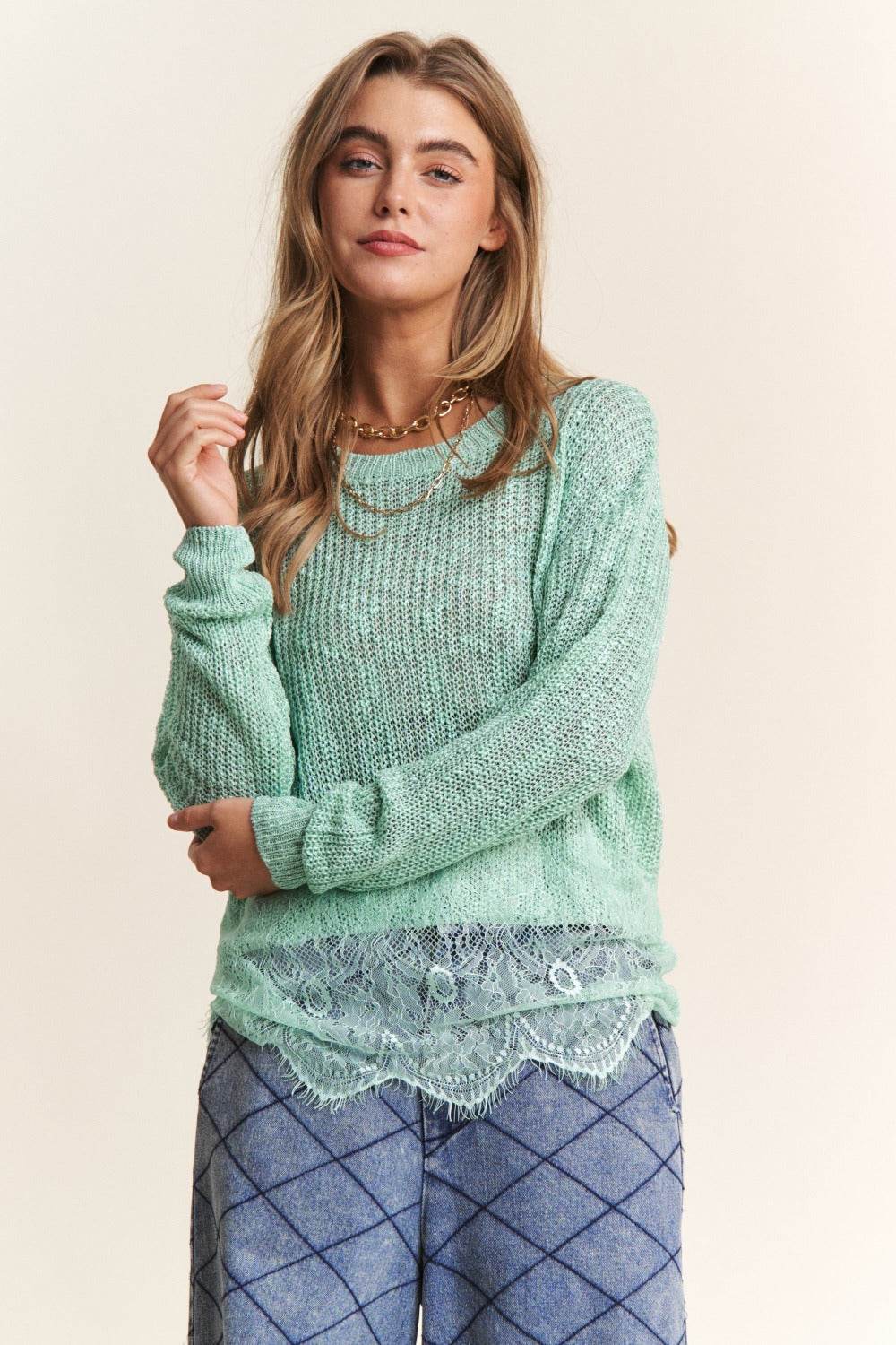 J.NNA Lace Detail Long Sleeve Knit Top - Mayzelyn Shop