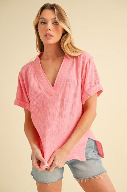 Aemi + Co Side Slit V-Neck Short Sleeve Blouse - Mayzelyn Shop