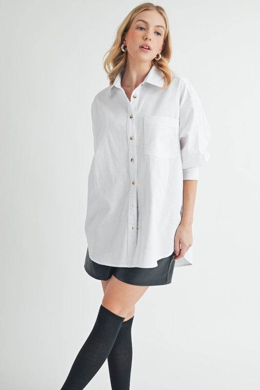 Aemi + Co High-Low Collared Neck Drop Shoulder Shirt - Mayzelyn Shop