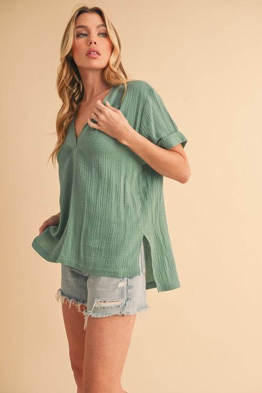 Aemi + Co Side Slit V-Neck Short Sleeve Blouse - Mayzelyn Shop