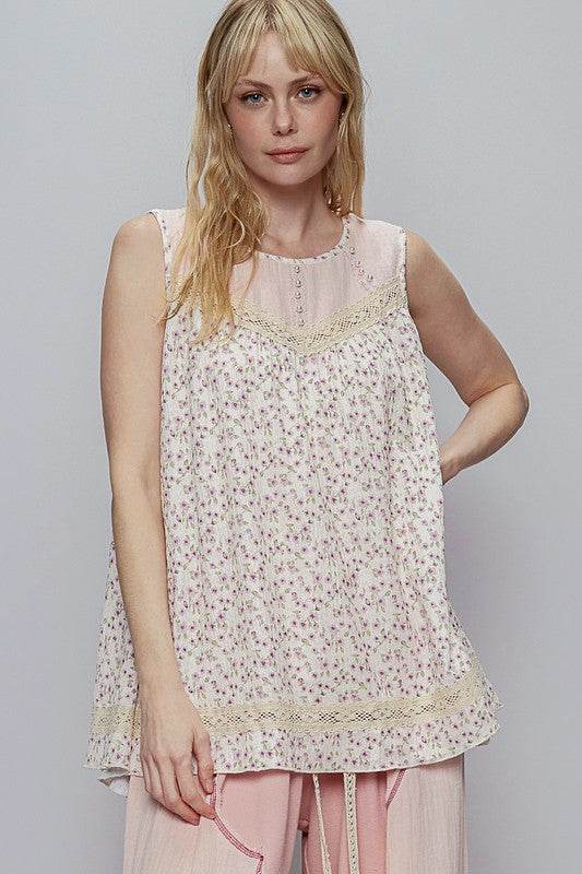 POL Lace Detail Floral Round Neck Sleeveless Top - Mayzelyn Shop