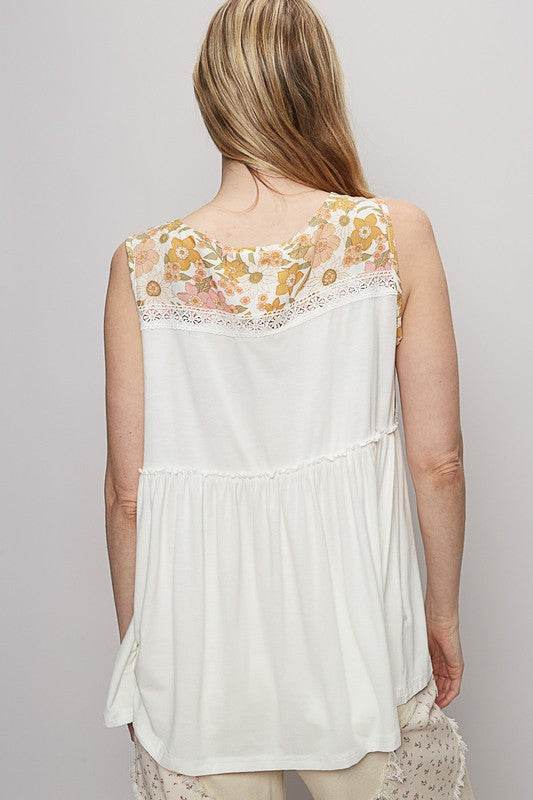 POL Lace Detail Frill Floral V-Neck Sleeveless Top - Mayzelyn Shop