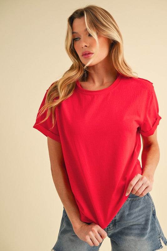 Aemi + Co Exposed Seam Round Neck Short Sleeve T-Shirt - Mayzelyn Shop