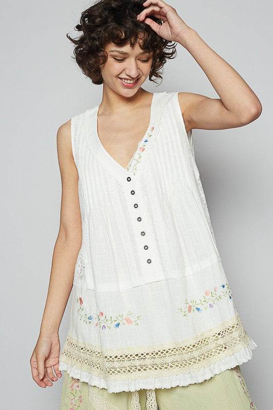 POL Embroidered Lace Detail V-Neck Sleeveless Top - Mayzelyn Shop