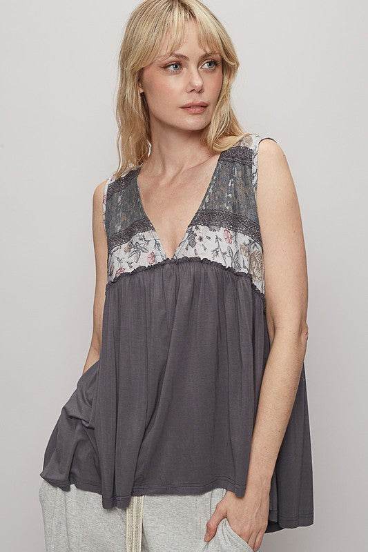 POL Lace Detail Frill Floral V-Neck Sleeveless Top - Mayzelyn Shop