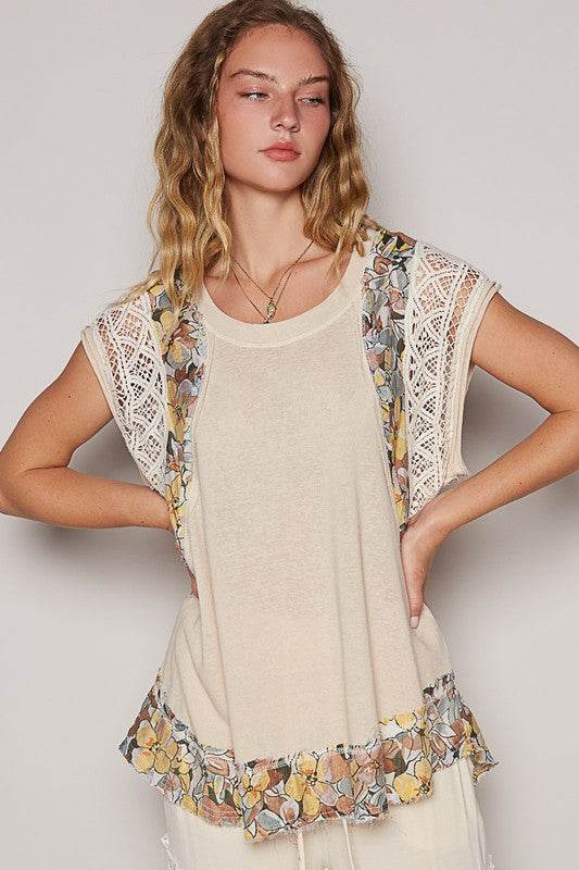 POL Floral Frayed Hem Crochet Cap Sleeve Top - Mayzelyn Shop