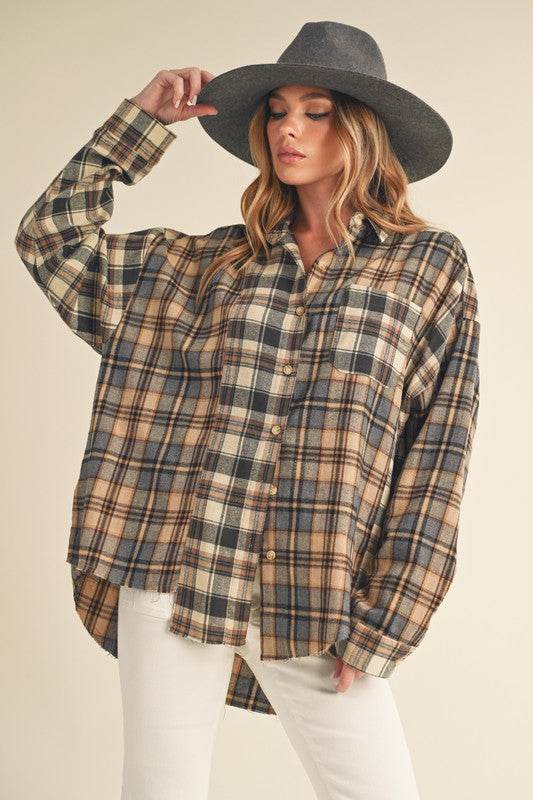 Aemi + Co Frayed Hem Plaid Button Up Flannel Shirt - Mayzelyn Shop