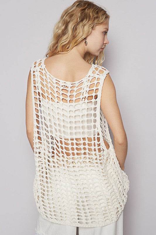 POL Flower Crochet Scoop Neck Sleeveless Knit Cover Up - Mayzelyn Shop