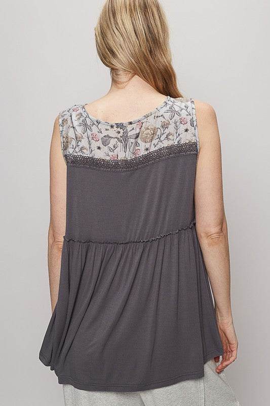 POL Lace Detail Frill Floral V-Neck Sleeveless Top - Mayzelyn Shop