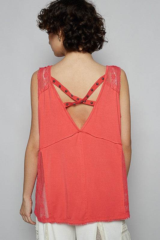 POL Lace Detail Studded Crisscross Back V-Neck Sleeveless Top - Mayzelyn Shop