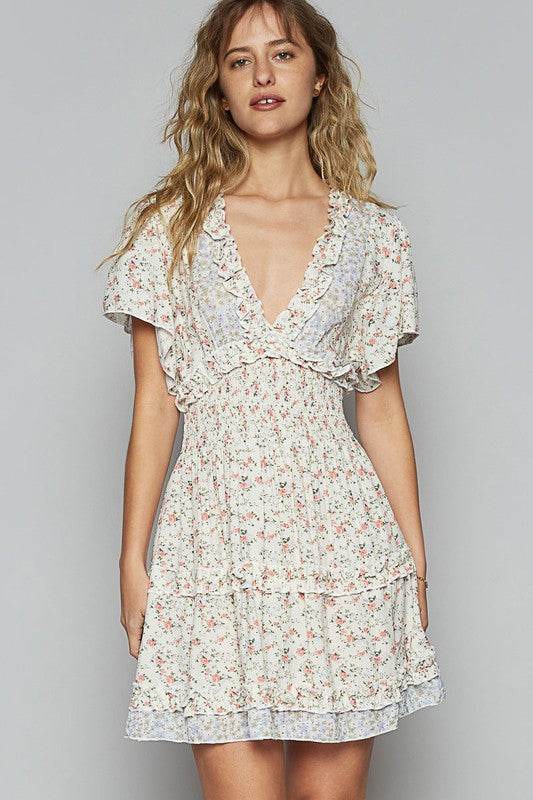 POL Cutout Back Frill Floral V-Neck Short Sleeve Mini Dress - Mayzelyn Shop