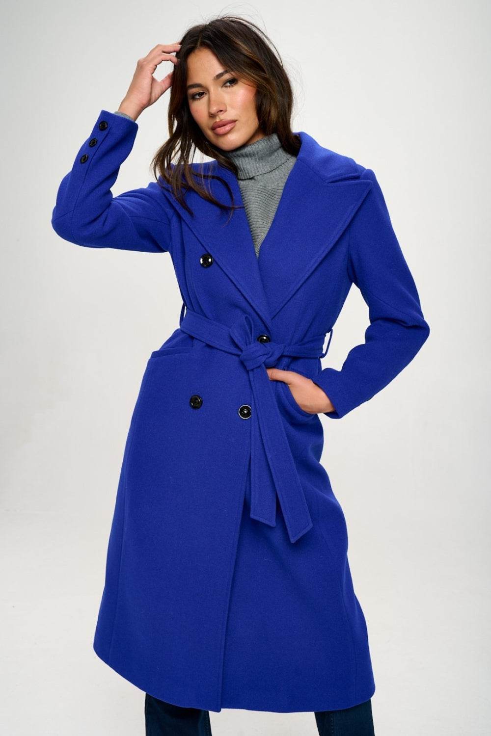 Coalition LA Double-Breasted Longline Coat with Belt - Mayzelyn Shop