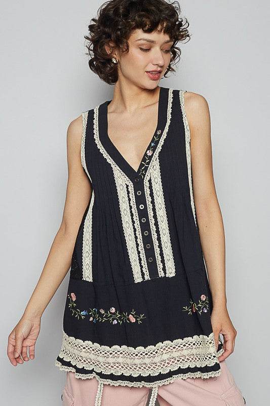 POL Embroidered Lace Detail V-Neck Sleeveless Top - Mayzelyn Shop