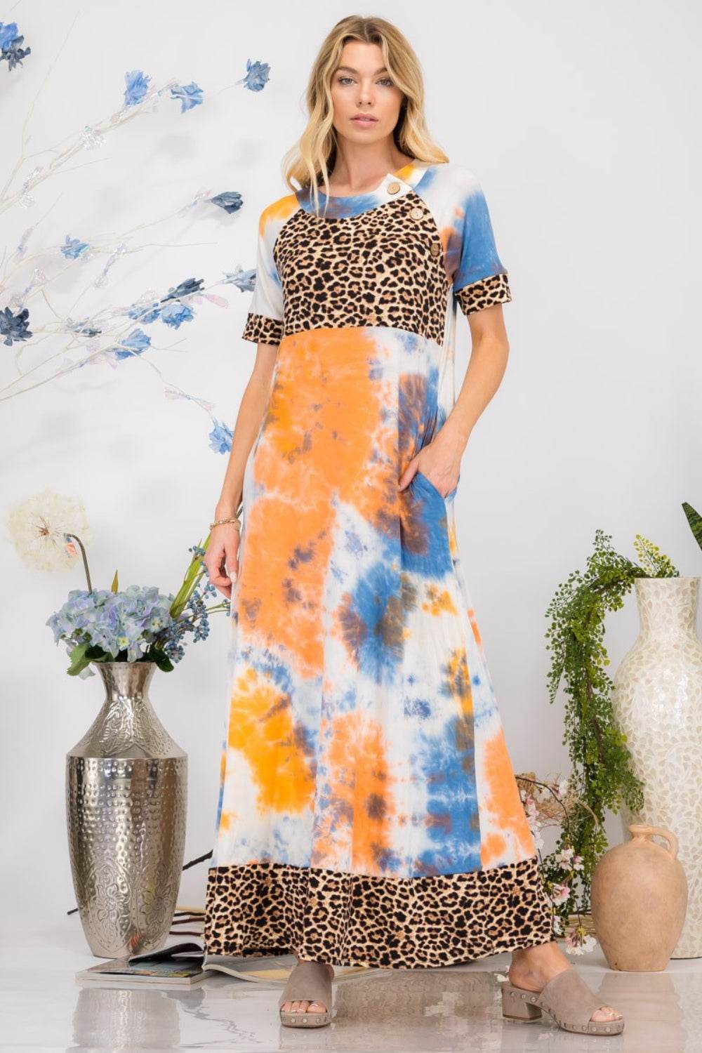 Celeste Full Size Leopard Tie-Dye Button Detail Short Sleeve Maxi Dress Plus Size - Mayzelyn Shop