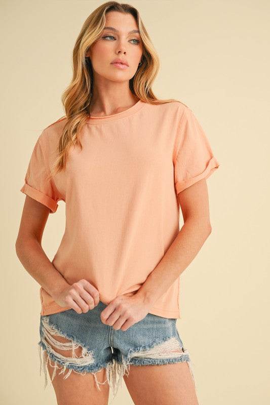 Aemi + Co Exposed Seam Round Neck Short Sleeve T-Shirt - Mayzelyn Shop