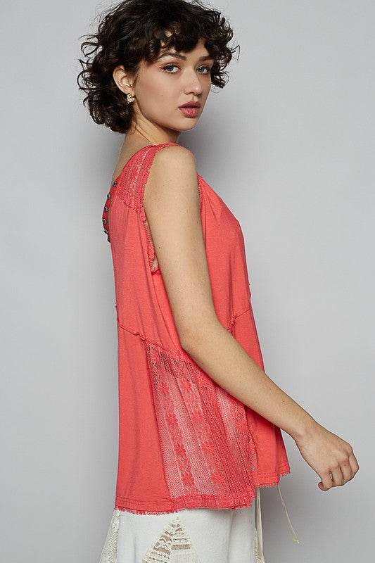 POL Lace Detail Studded Crisscross Back V-Neck Sleeveless Top - Mayzelyn Shop