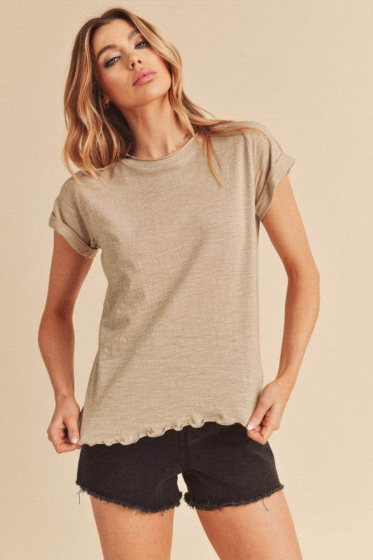 Aemi + Co Lettuce Edge Round Neck Short Sleeve T-Shirt - Mayzelyn Shop