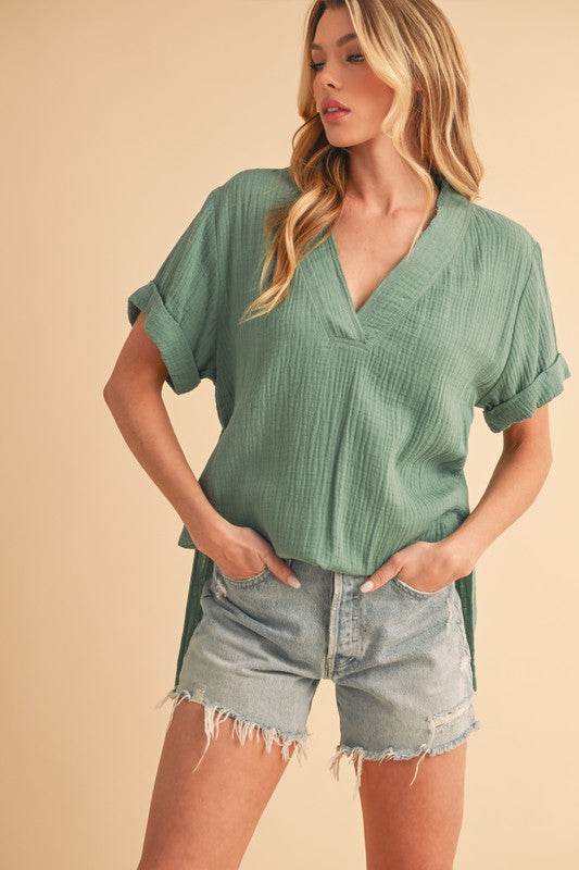 Aemi + Co Side Slit V-Neck Short Sleeve Blouse - Mayzelyn Shop