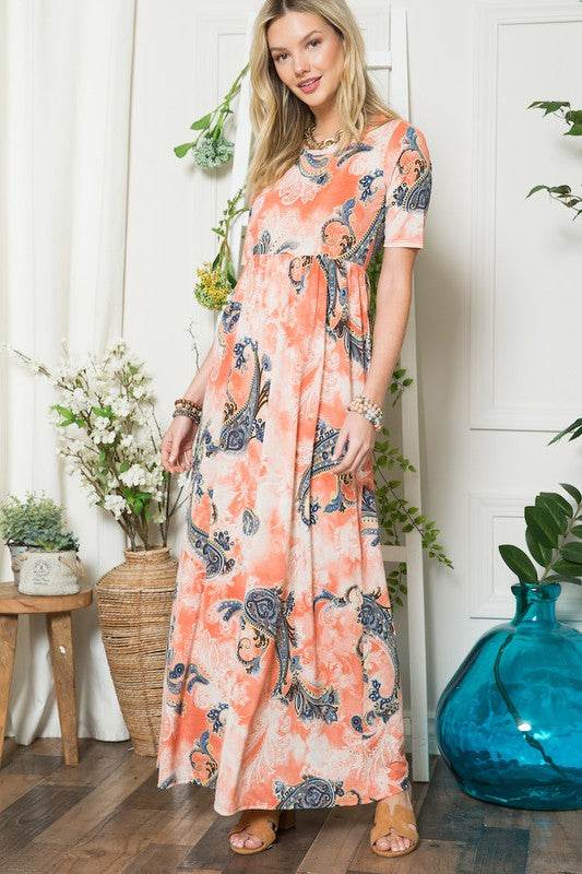 Celeste Paisley Print Short Sleeve Maxi Dress with Pockets - Mayzelyn Shop