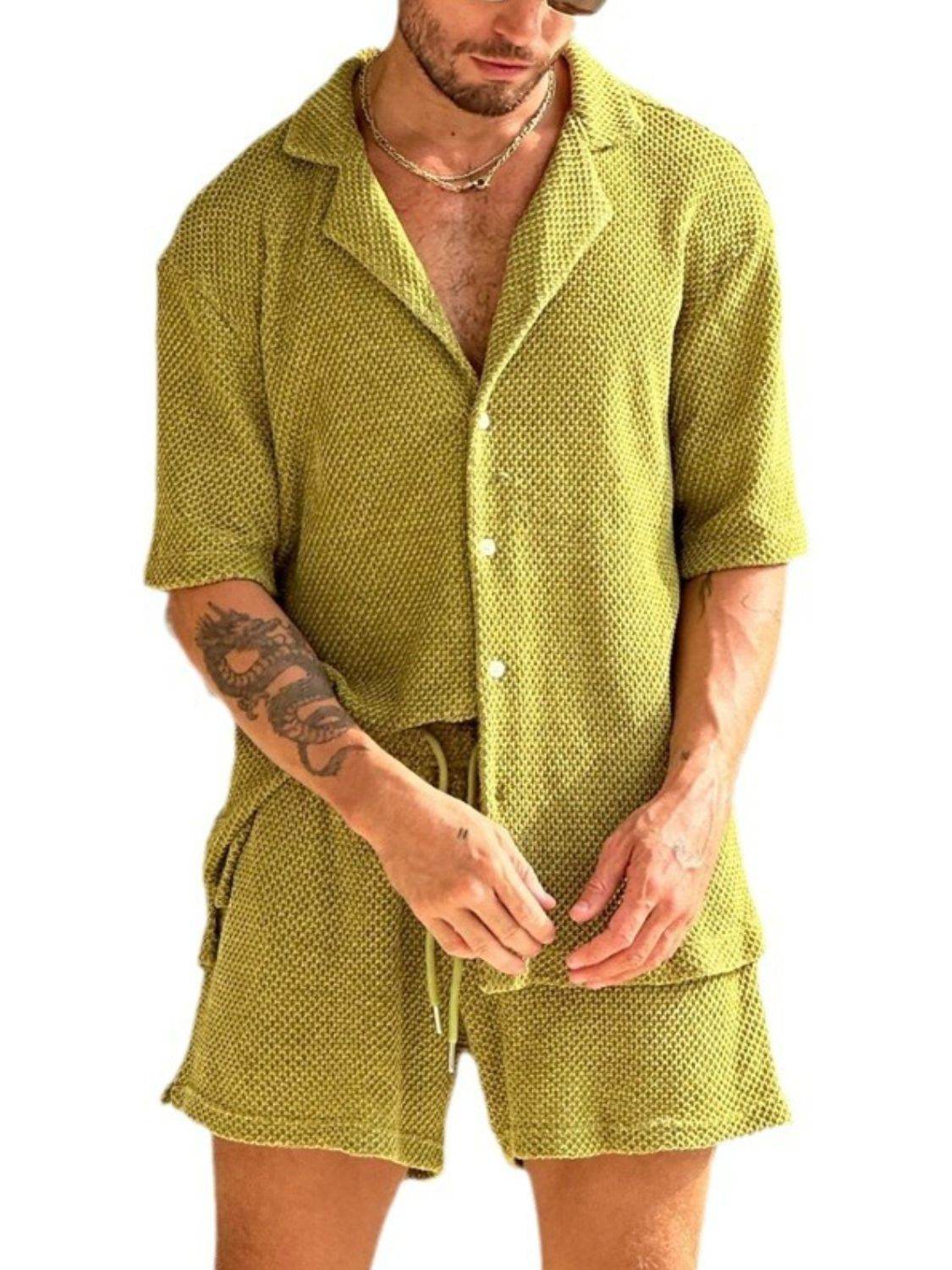 Men's Plus Size Button Down Half Sleeve Top and Shorts Set - Mayzelyn Shop