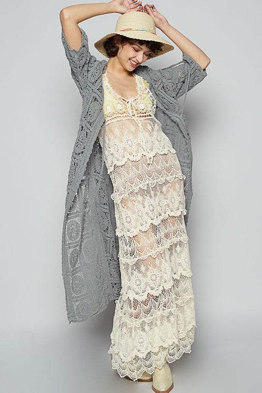 POL Tied Crochet 3/4 Sleeve Longline Cardigan - Mayzelyn Shop