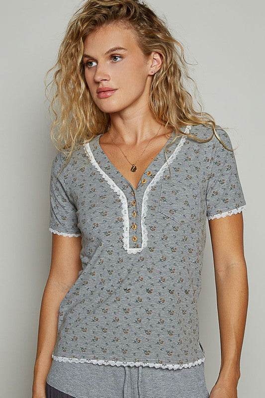 POL Lace Detail Floral V-Neck Button Detail Short Sleeve T-Shirt - Mayzelyn Shop