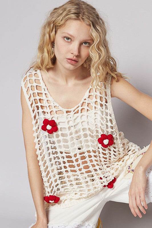 POL Flower Crochet Scoop Neck Sleeveless Knit Cover Up - Mayzelyn Shop