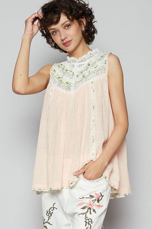 POL Lace Detail Floral Sleeveless Rayon Gauze Top - Mayzelyn Shop