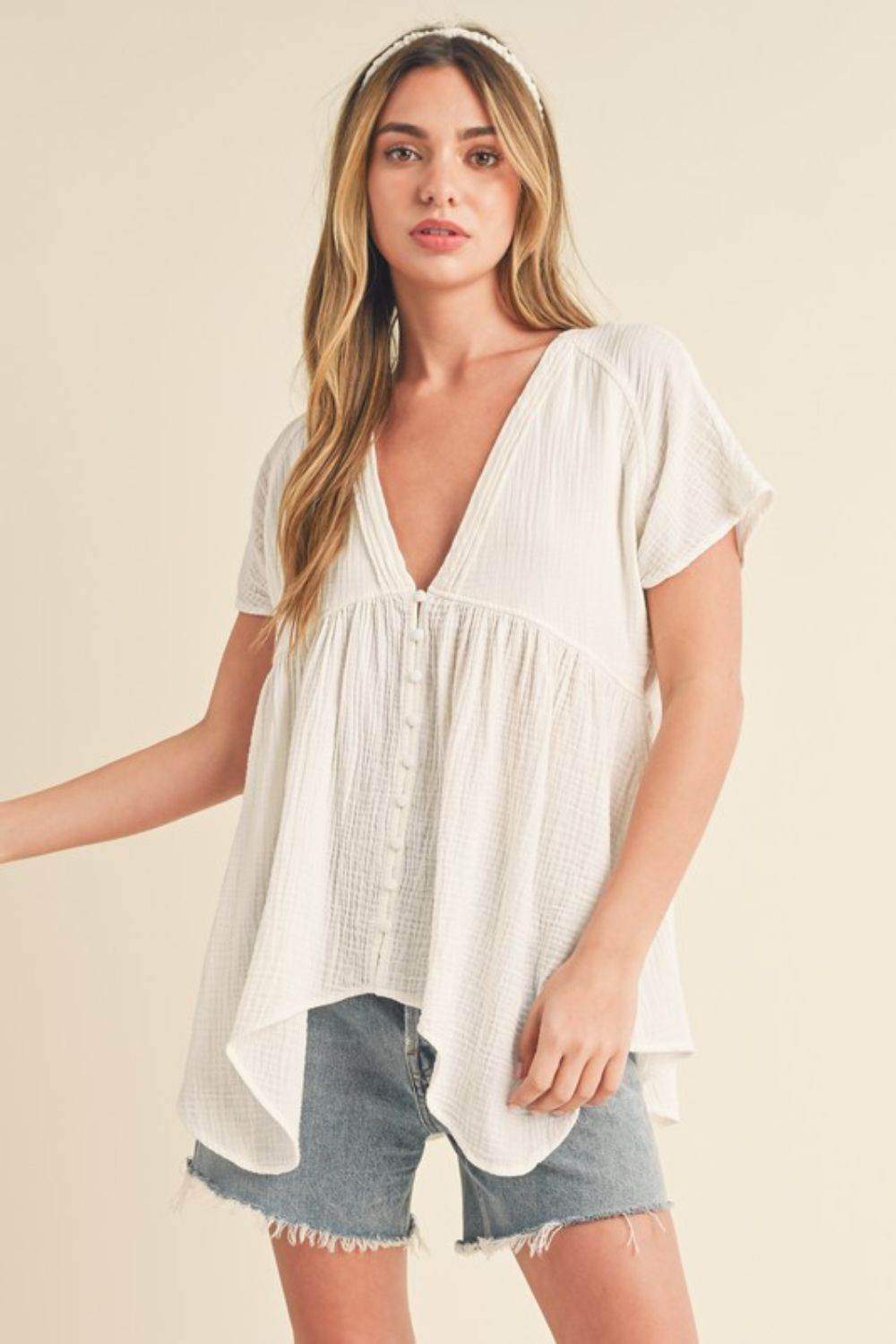 Aemi + Co Tuck Detail V-Neck Short Sleeve Blouse - Mayzelyn Shop