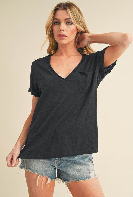 Aemi + Co Side Slit V-Neck Short Rolled Sleeve T-Shirt - Mayzelyn Shop